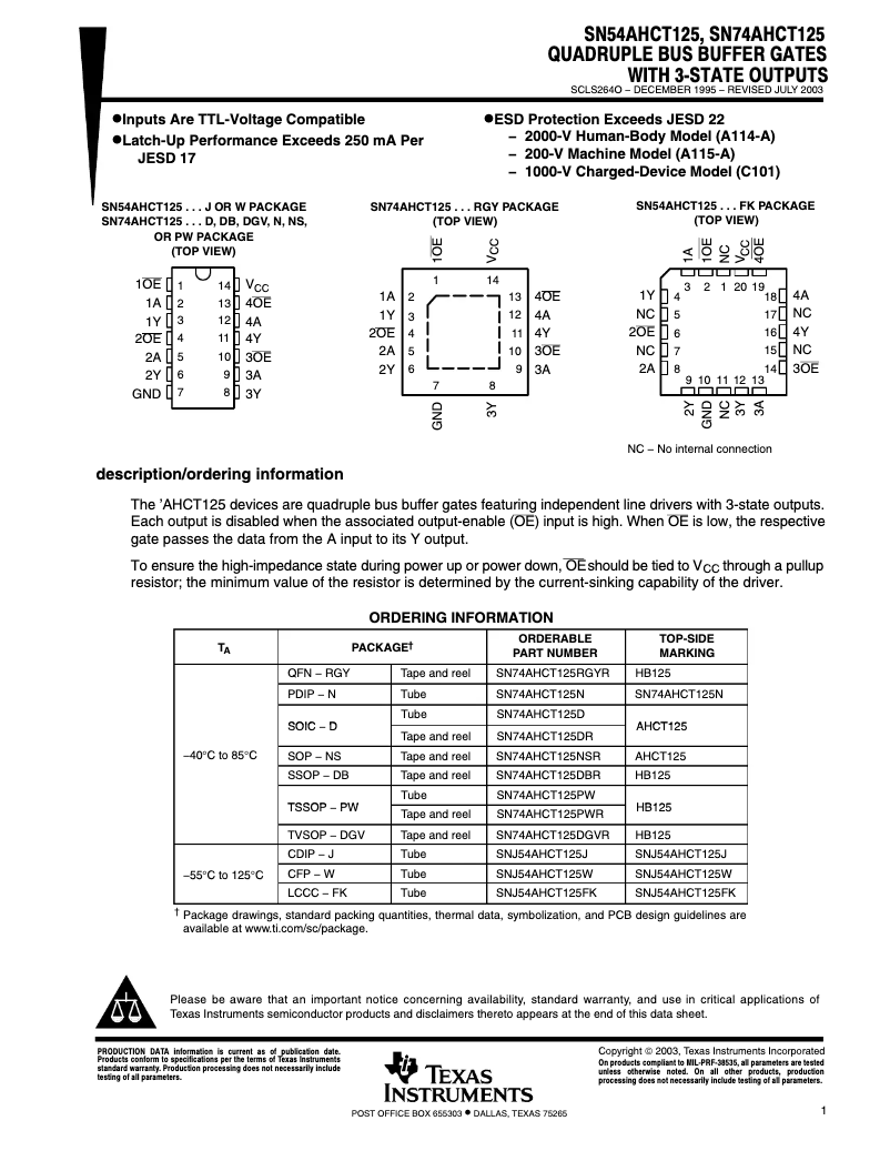 Page 1 de la notice Manuel utilisateur Texas Instruments SN74AHCT125N