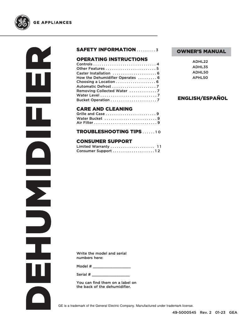 First page image of the manual for ADHL35LA