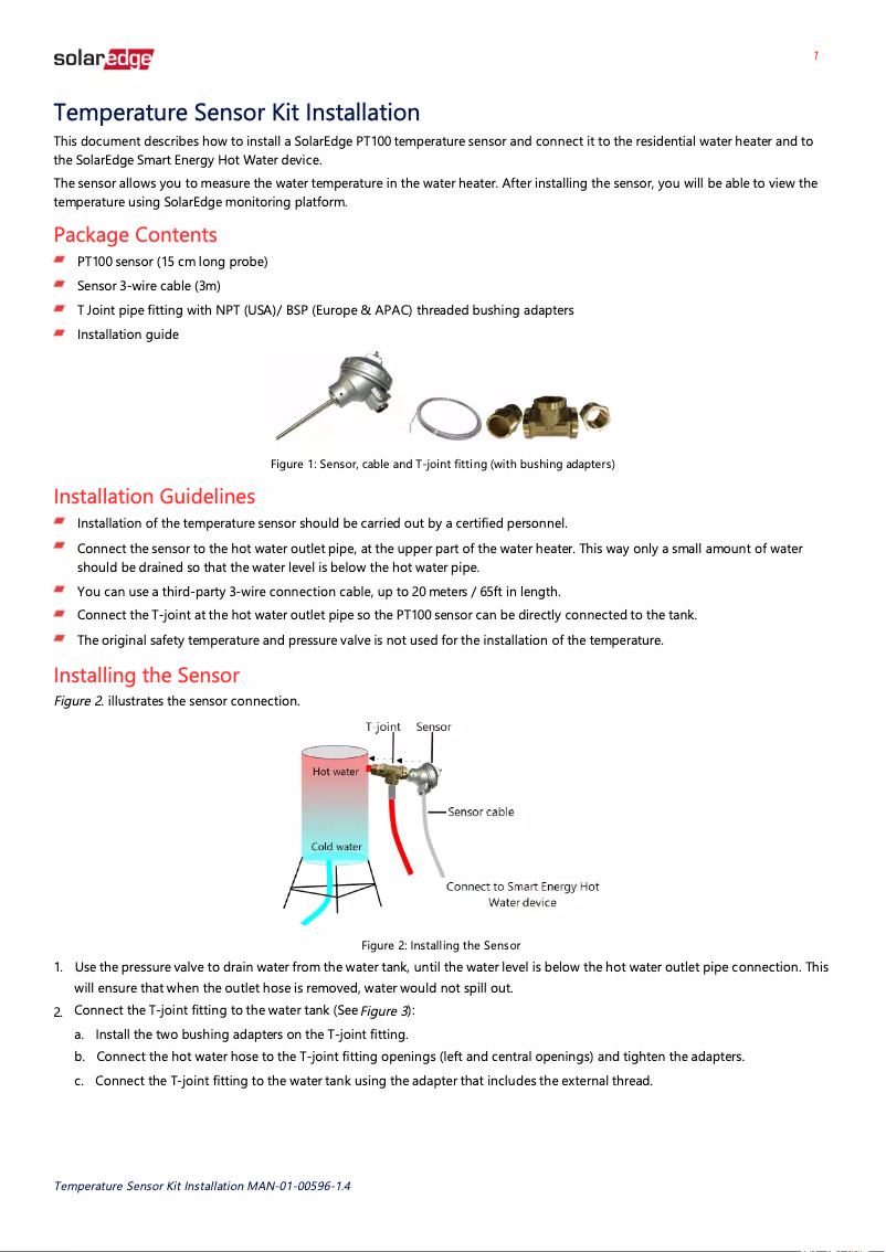 Page 1 de la notice Manuel utilisateur SolarEdge HOTWTR-SENS-RW-S1