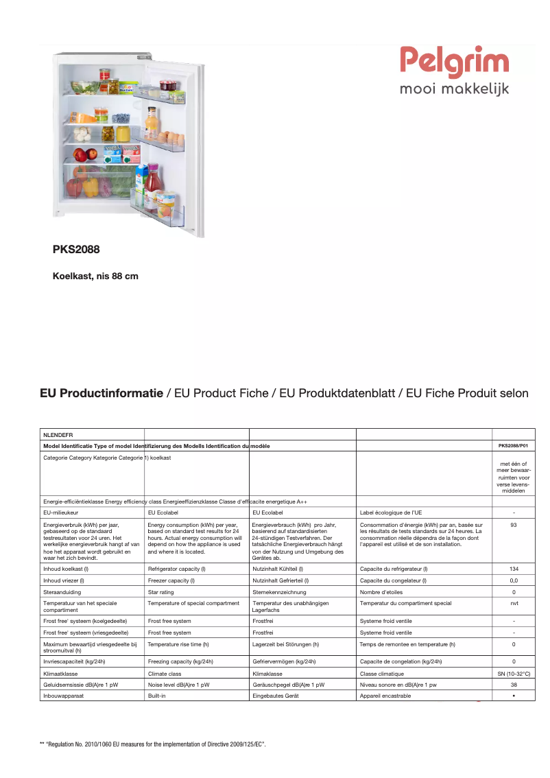 Page 1 de la notice Fiche technique Pelgrim PKS2088