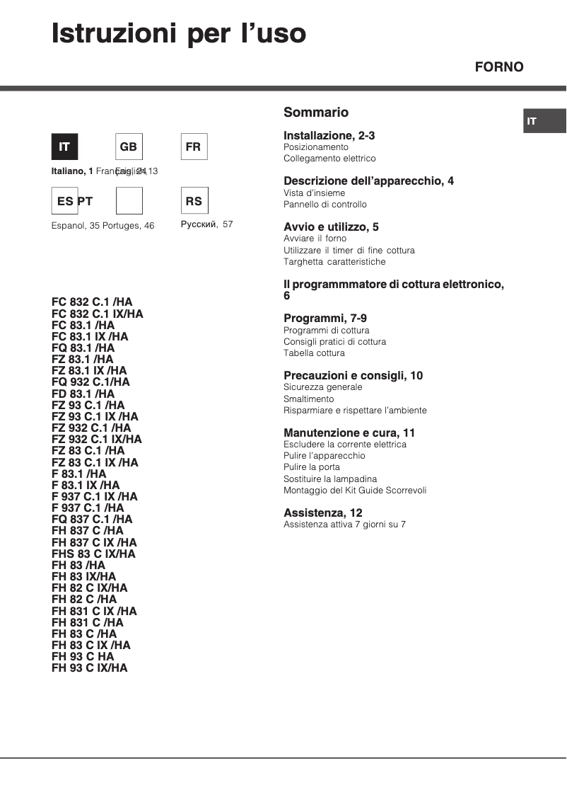 Page 1 de la notice Manuel utilisateur Hotpoint Ariston FQ 83.1 (ICE) /HA