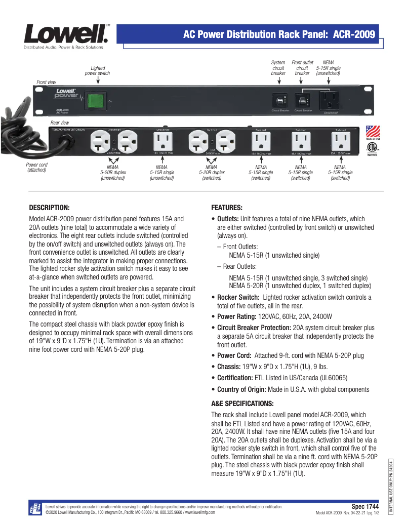 Page n°1 - Manuel utilisateur Lowell ACR-2009