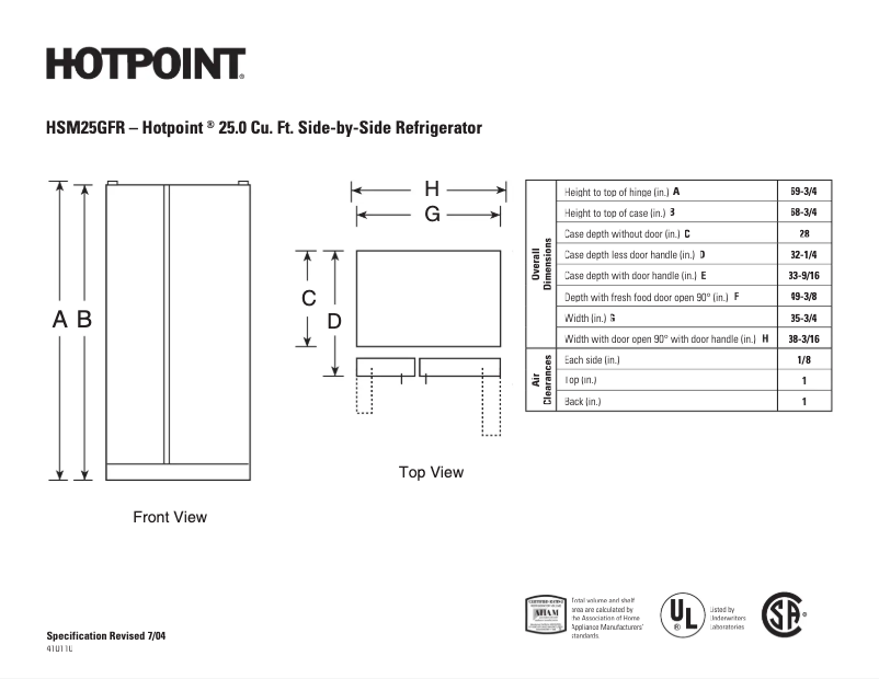Page 1 de la notice Fiche technique Hotpoint HSM25GFRSA