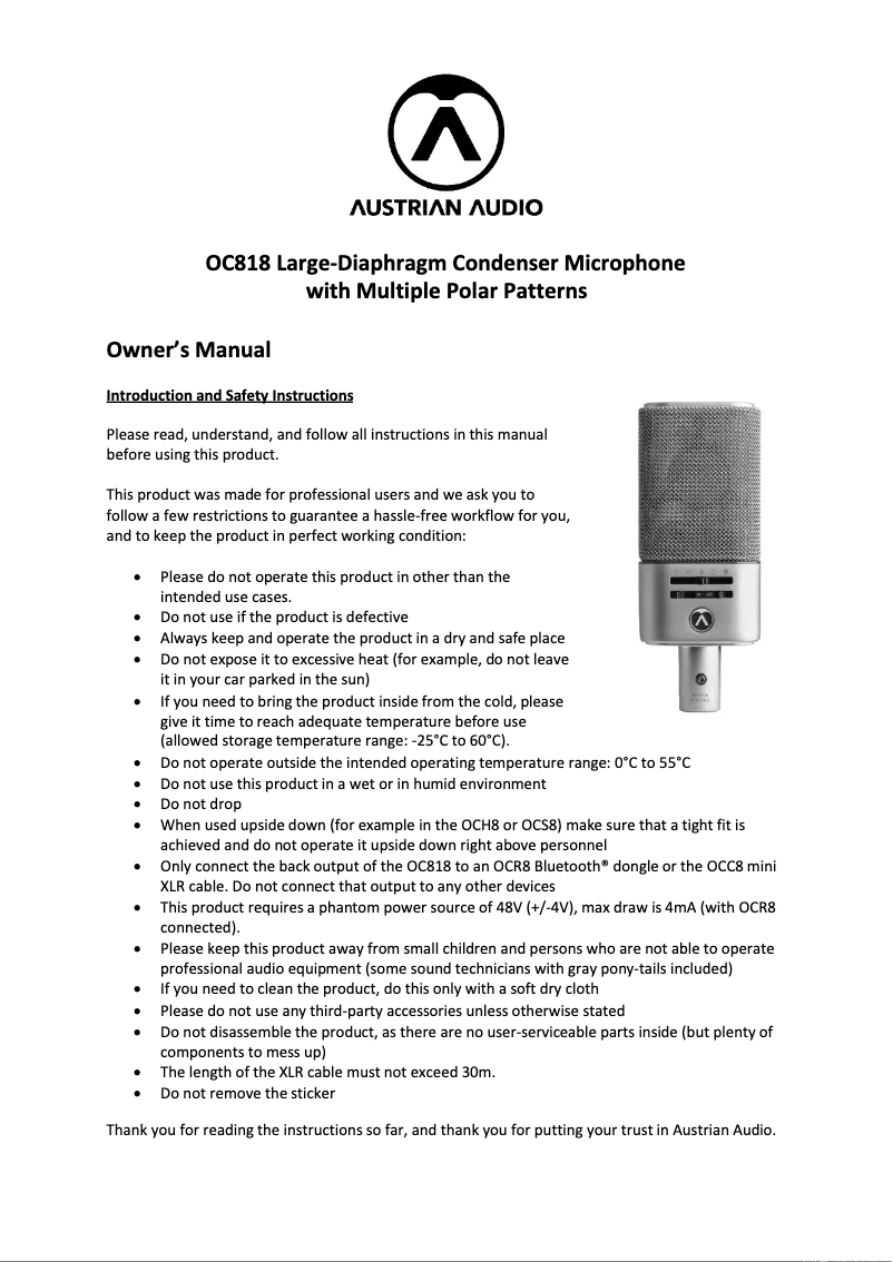 Page 1 de la notice Manuel utilisateur Austrian Audio OC818