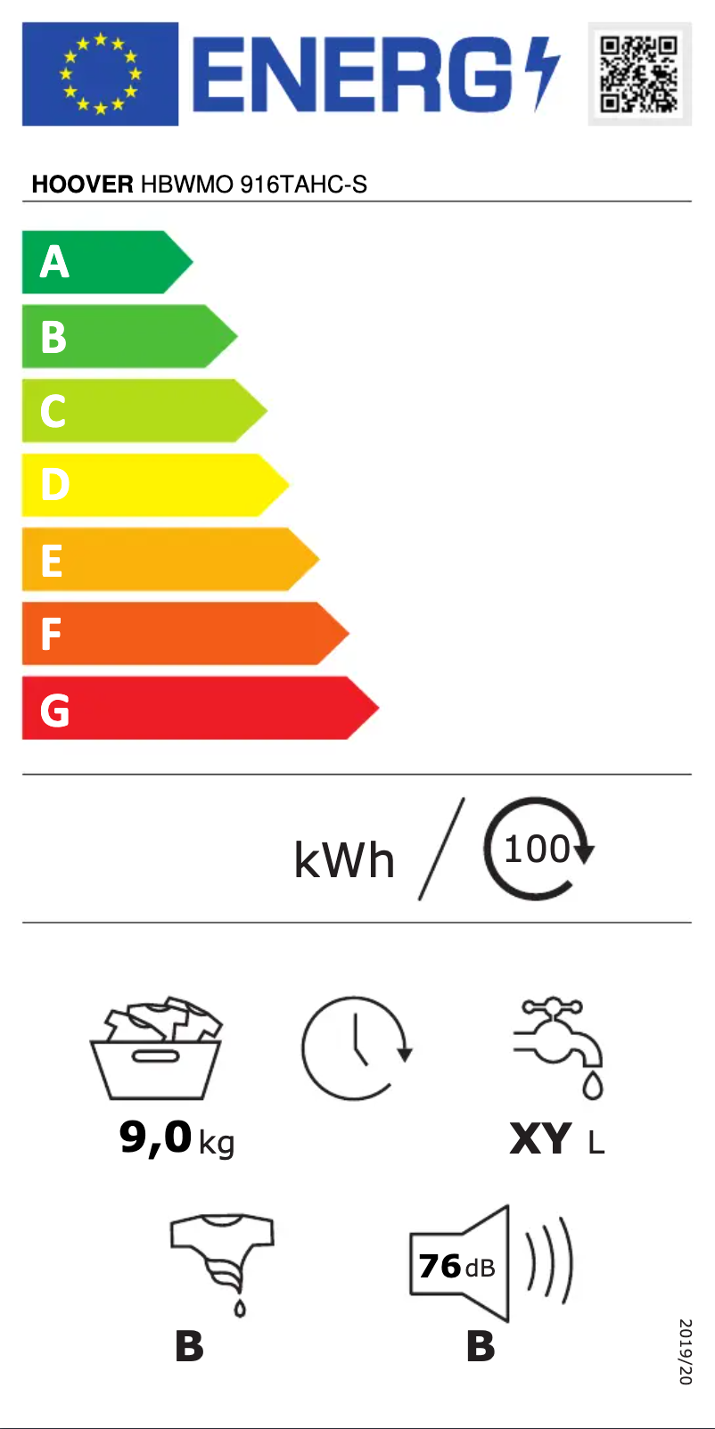 Page 1 de la notice Label énergétique Hoover H-WASH 300 HBWMO 916TAHC-S