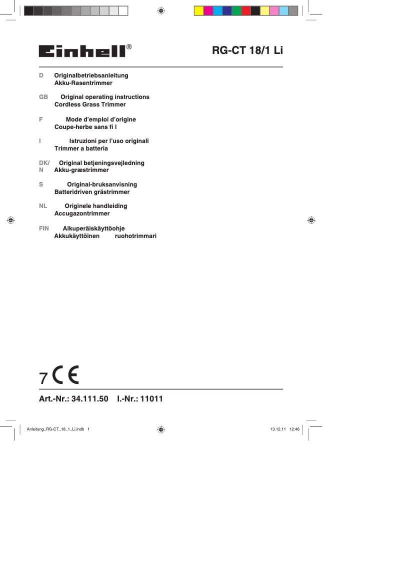 Page n°1 - Manuel utilisateur Einhell RG-CT 18/1 Li