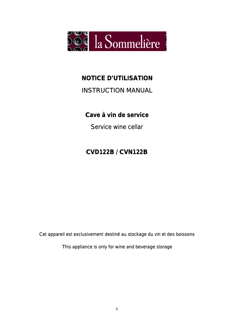 Page n°1 - Manuel utilisateur La Sommelière CVN122B