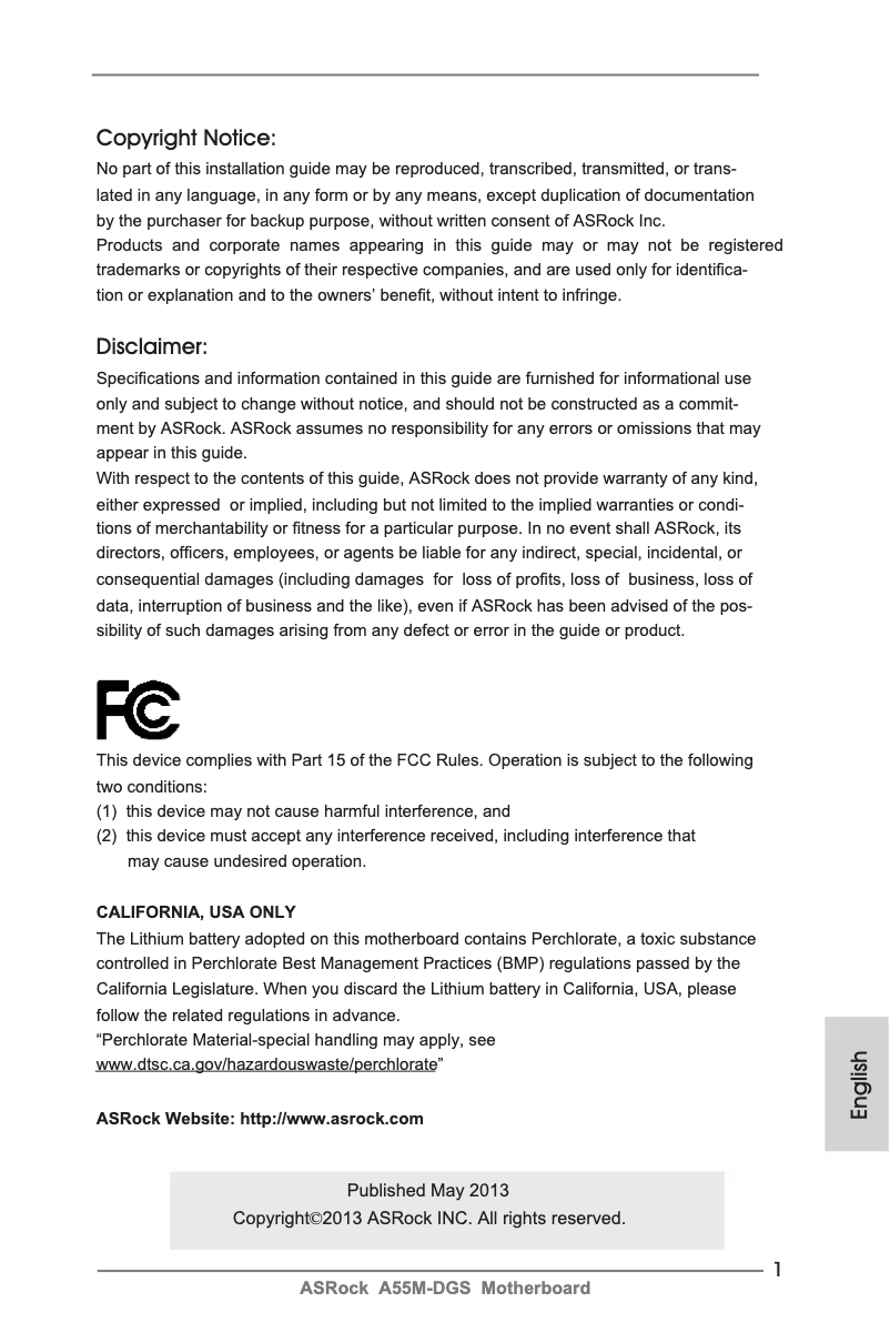 Page n°1 - Manuel utilisateur Asrock A55M-DGS