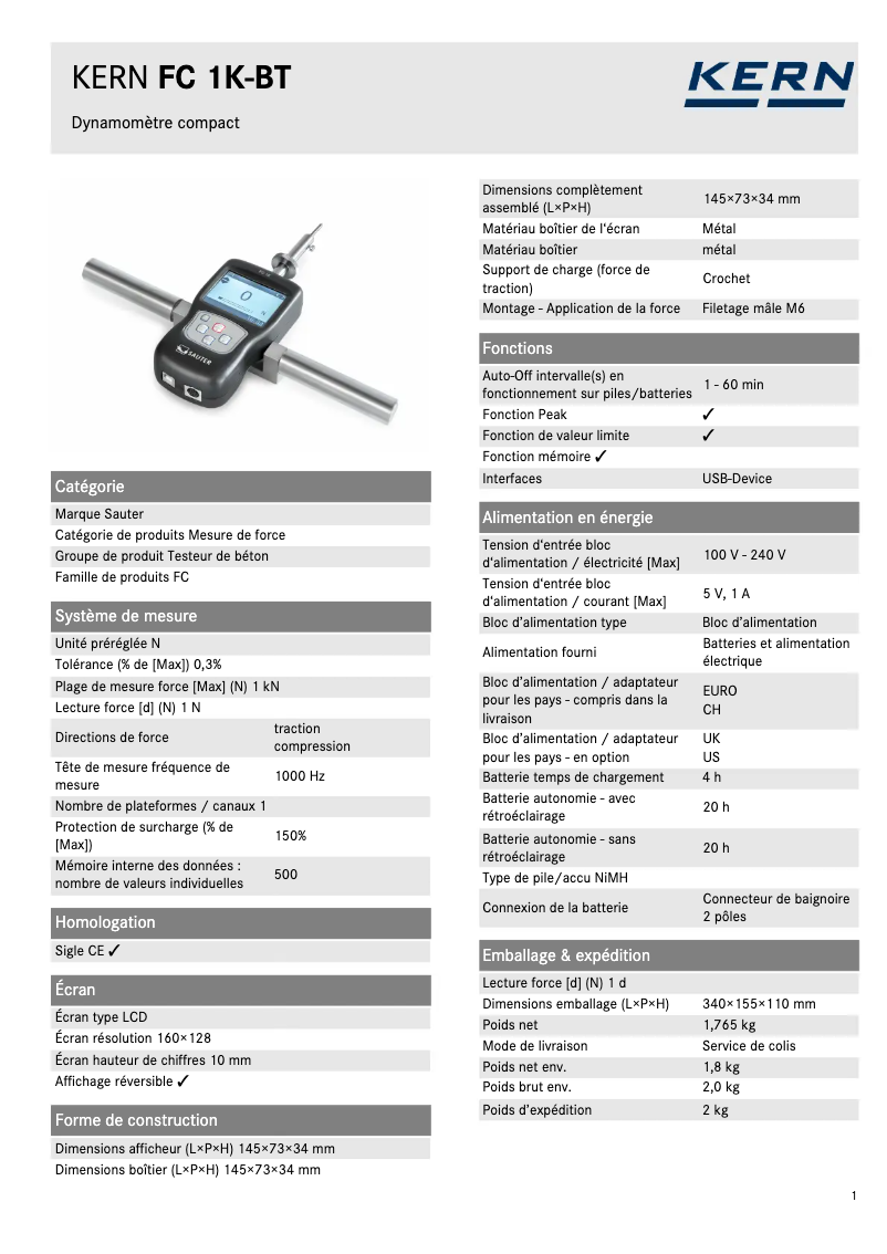 Page 1 de la notice Fiche technique Kern FC 1K-BT