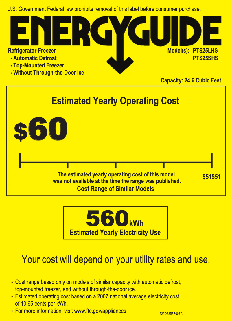 Page 1 of the manual Energy Label GE PTS25LHSWW