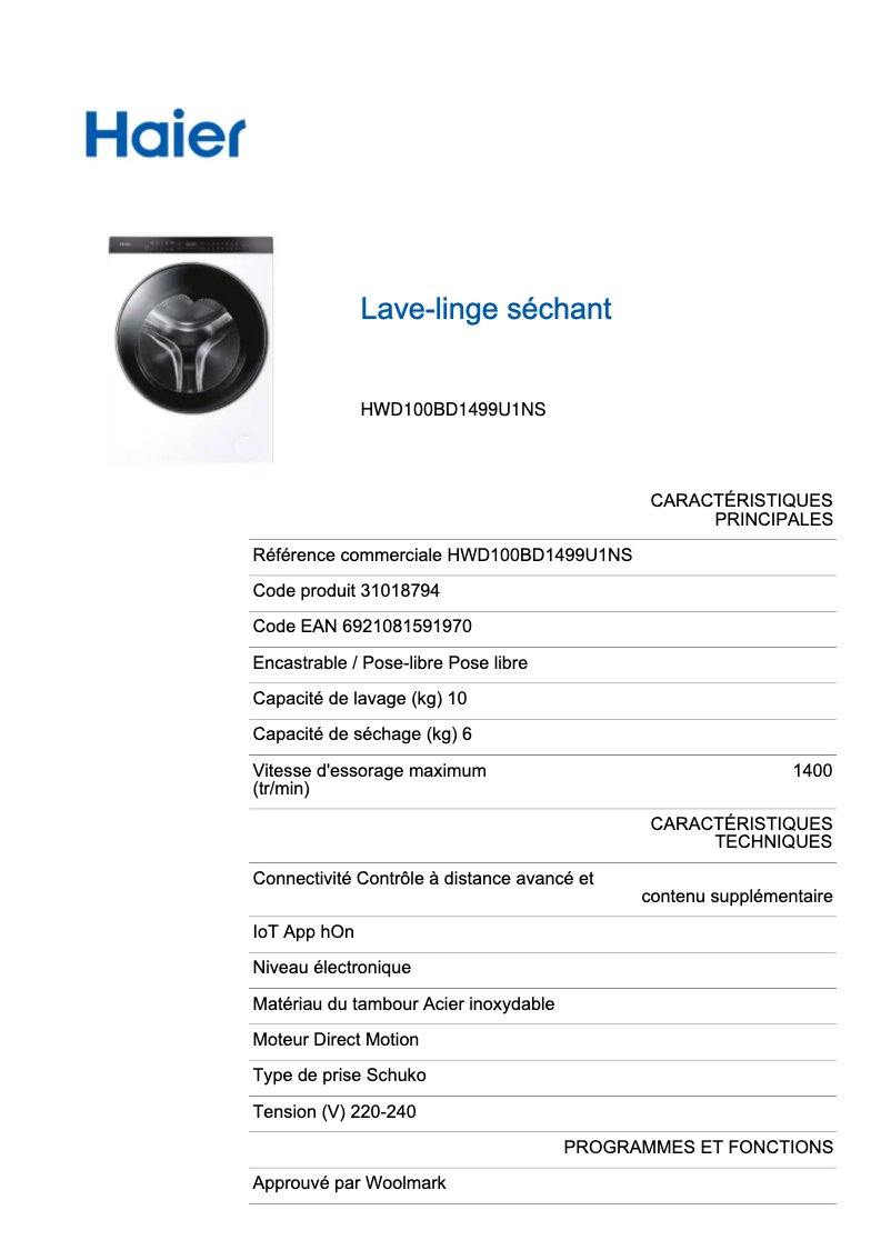 Page 1 de la notice Label énergétique Haier Super Drum Series 9 HWD100-BD1499U1N
