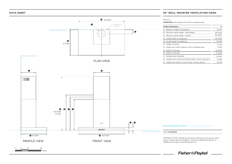 Page 1 de la notice Fiche technique Fisher & Paykel HC36DTXB2