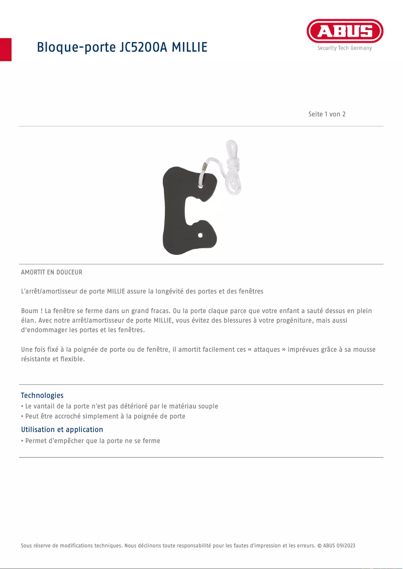 Page 1 de la notice Fiche technique Abus JC5200A MILLIE