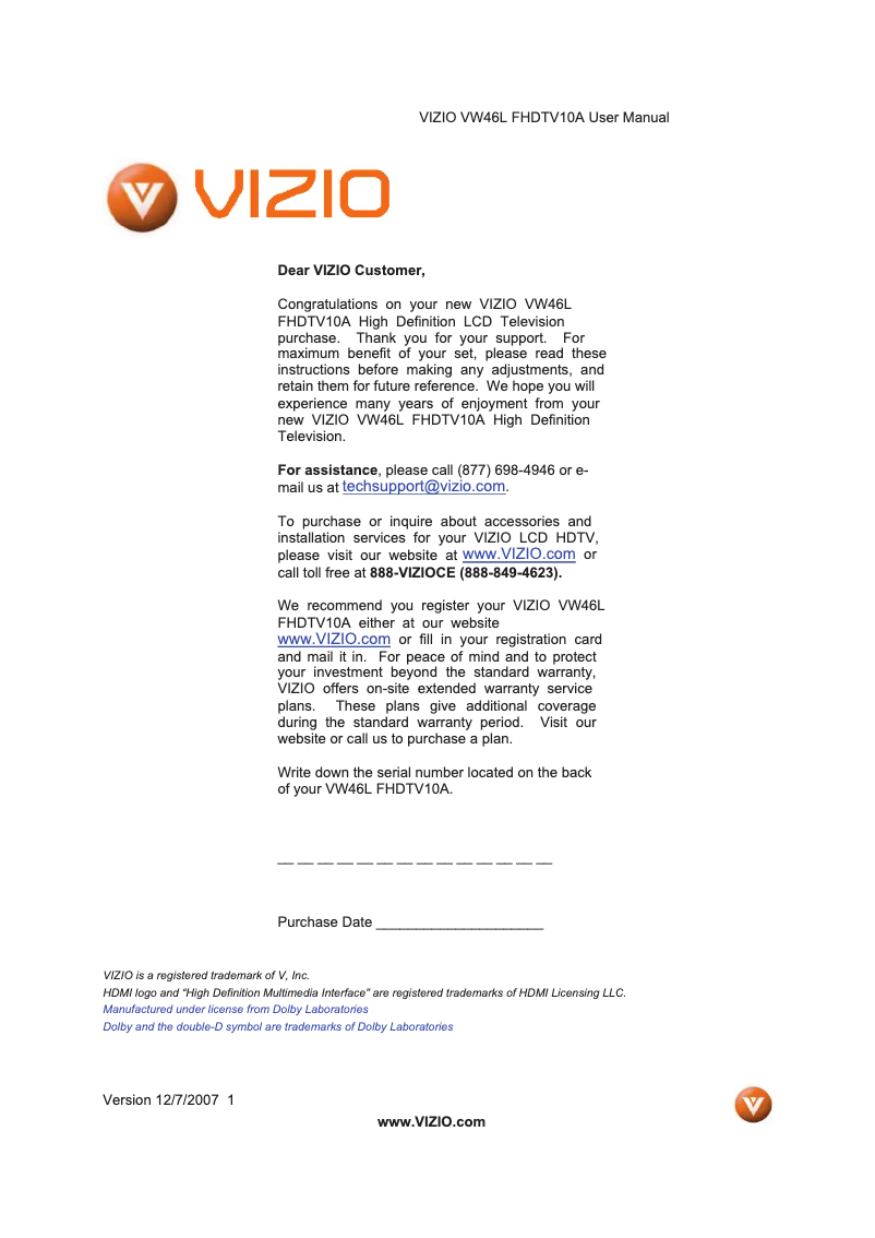 Page 1 de la notice Manuel utilisateur VIZIO VW46LFHDTV10A