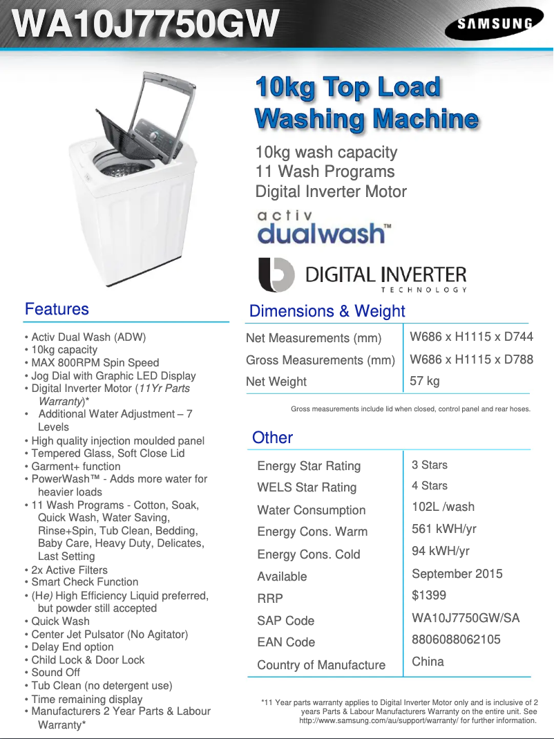 Page 1 de la notice Fiche technique Samsung WA10J7750GW