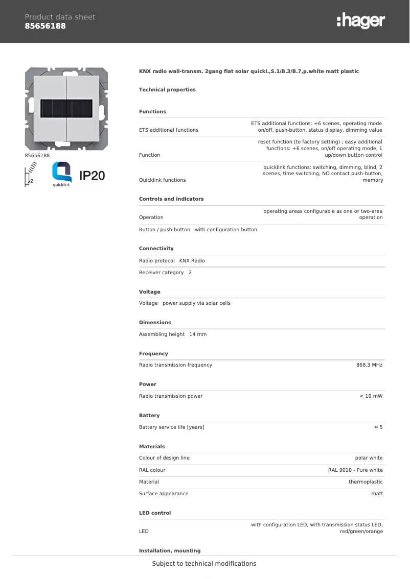 Page n°1 - Fiche technique Hager 85656188
