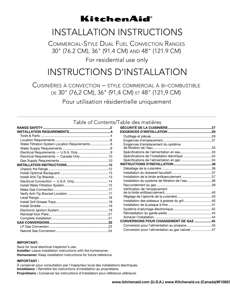 Page 1 de la notice Guide d'installation KitchenAid KDRS467VSS