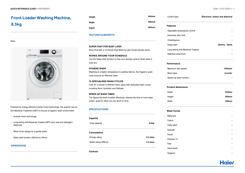 Page 1 de la notice Label énergétique Haier HWF85BW1
