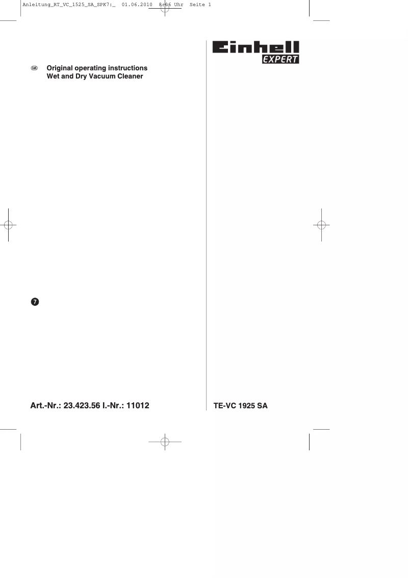 Page 1 de la notice Manuel utilisateur Einhell TE-VC 1925 SA