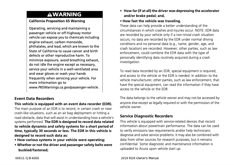 Page 1 de la notice Manuel utilisateur Acura RDX (2019)