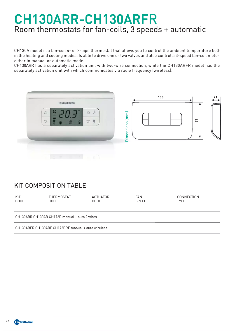 Page 1 de la notice Fiche technique Fantini Cosmi CH130ARR