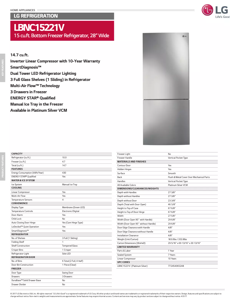 Page 1 de la notice Fiche technique LG LBNC15221