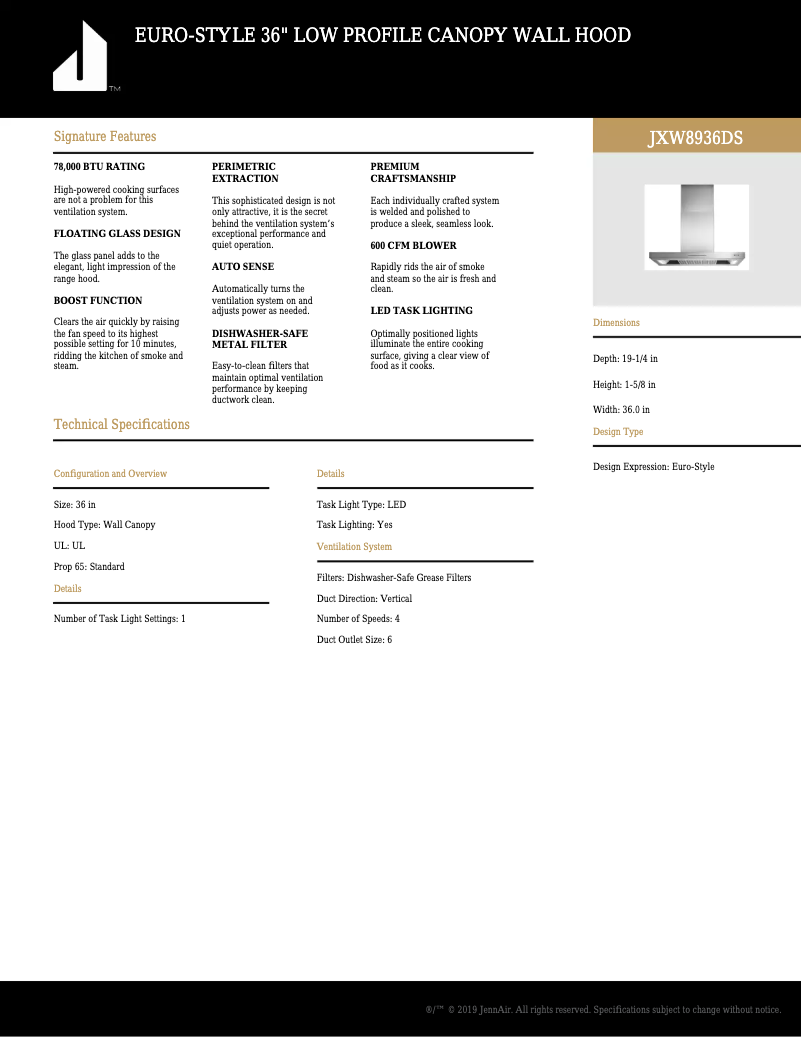 Page 1 de la notice Fiche technique JennAir JXW8936DS