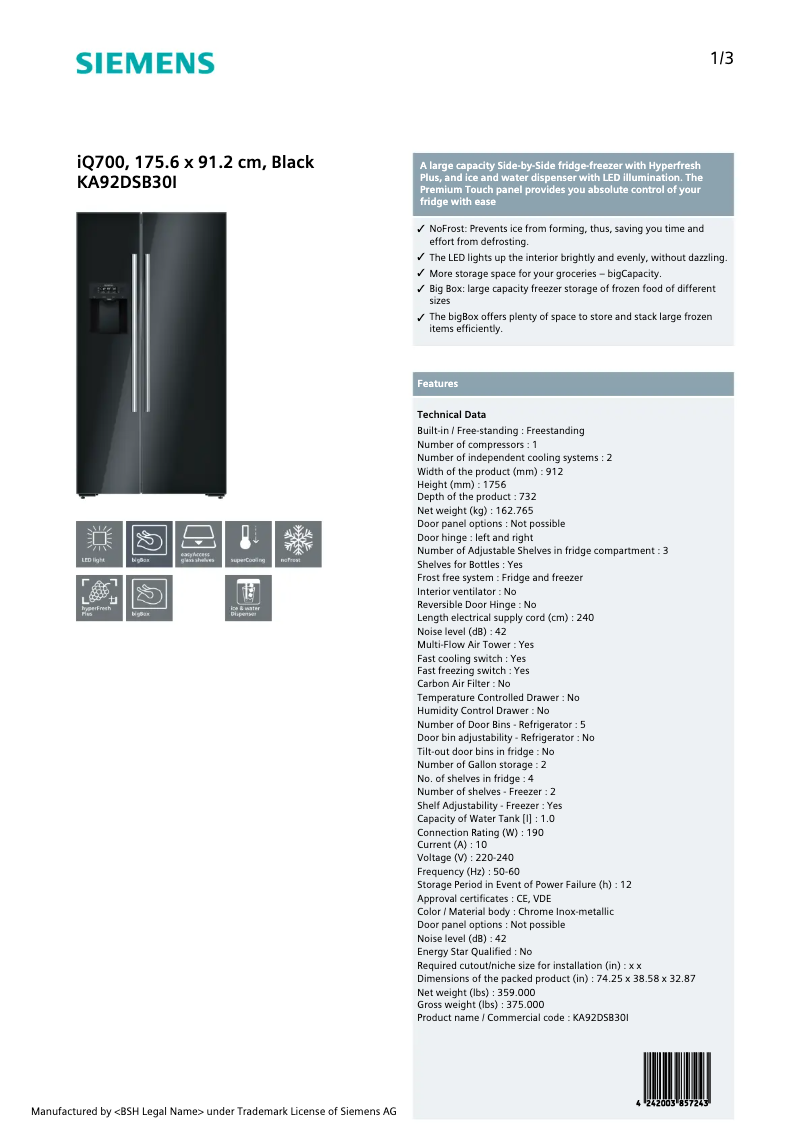 Page 1 de la notice Fiche technique Siemens KA92DSB30I