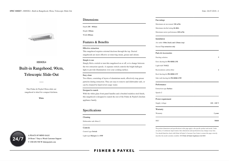 Page 1 de la notice Fiche technique Fisher & Paykel HS90X4