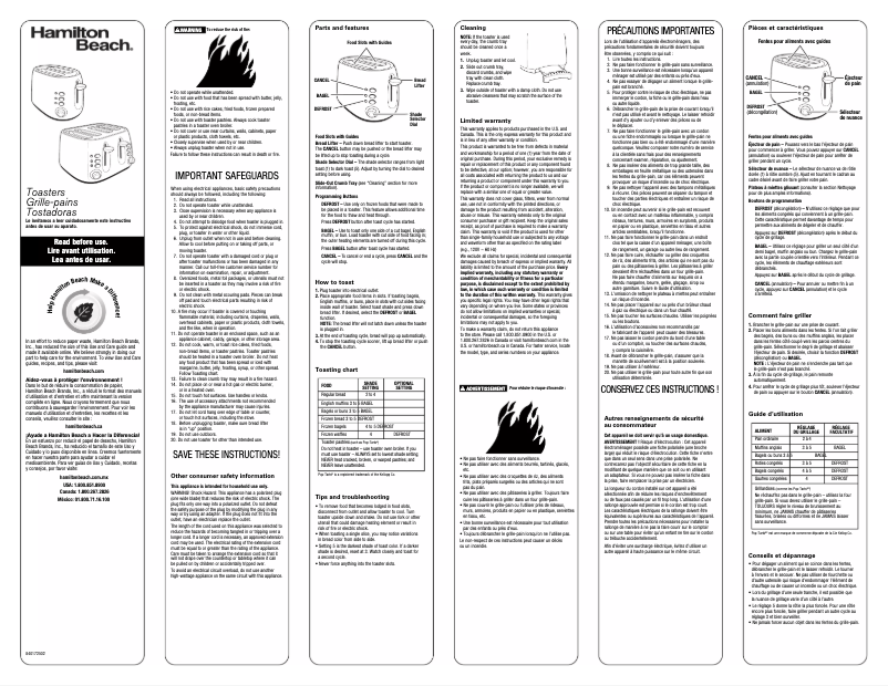 Page 1 de la notice Manuel utilisateur Hamilton Beach 22504