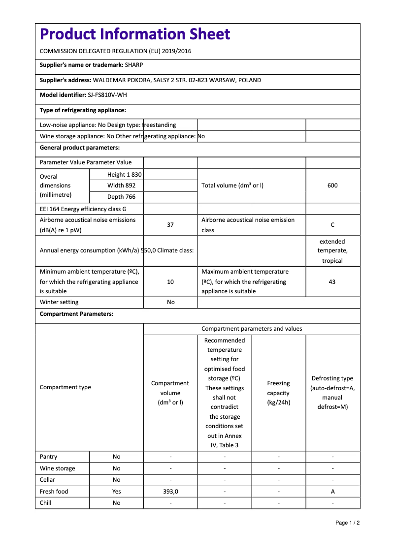 Page 1 de la notice Manuel utilisateur Sharp SJ-FS810VWH