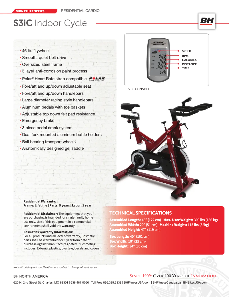 Page 1 de la notice Fiche technique BH Fitness S3IC