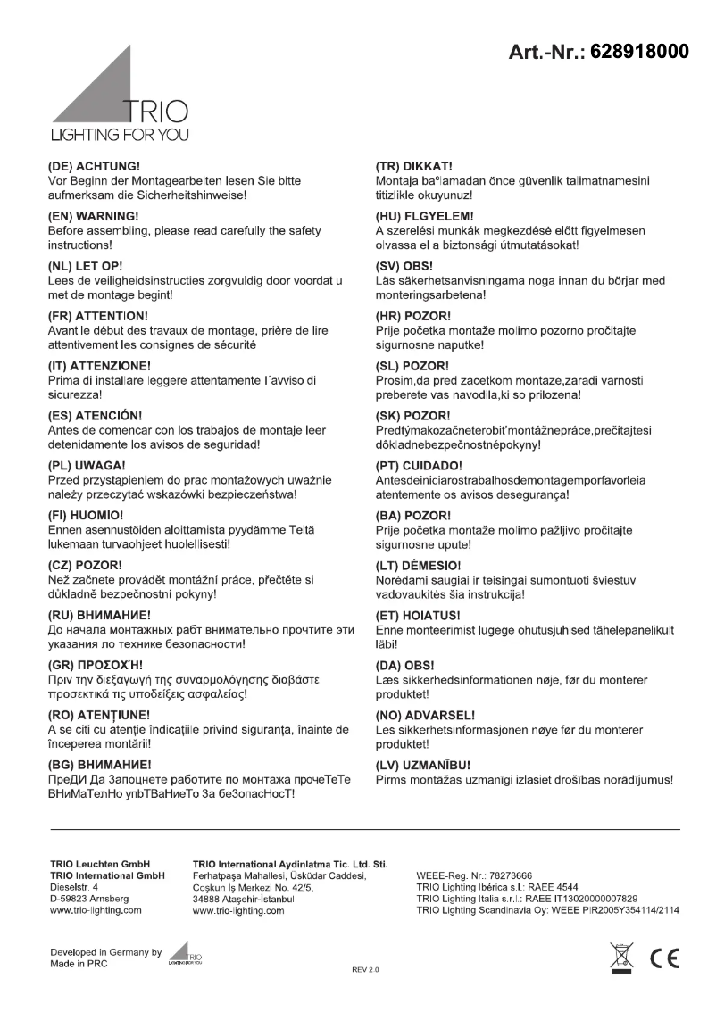 Page 1 de la notice Manuel utilisateur Trio Lighting Takeshi 628918000
