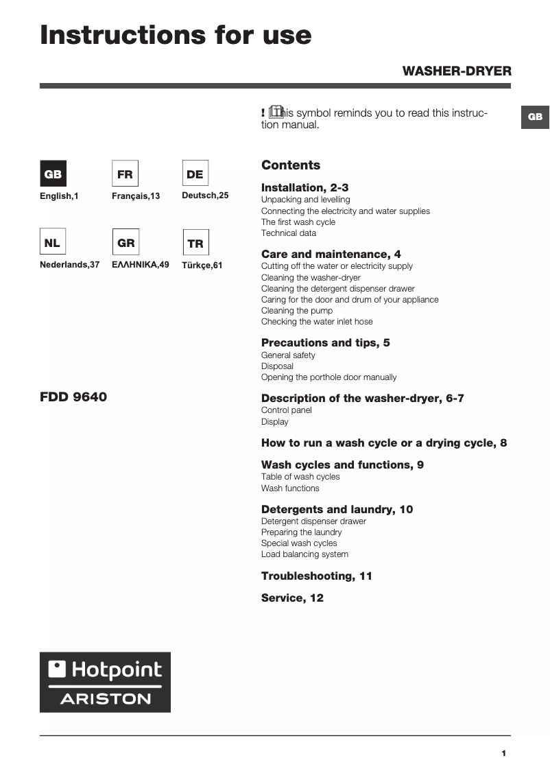 Page n°1 - Manuel utilisateur Ariston Thermo FDD 9640