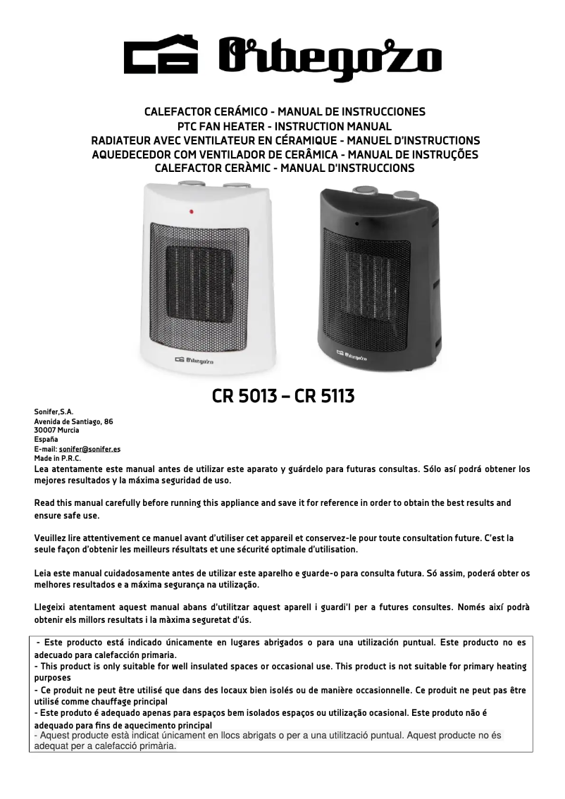 Page 1 de la notice Manuel utilisateur Orbegozo CR 5113