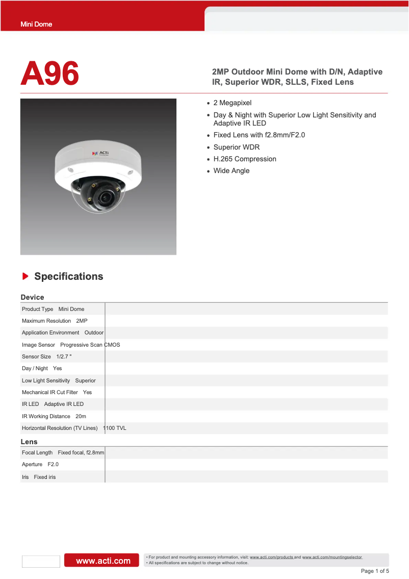 Page 1 de la notice Fiche technique ACTi A96