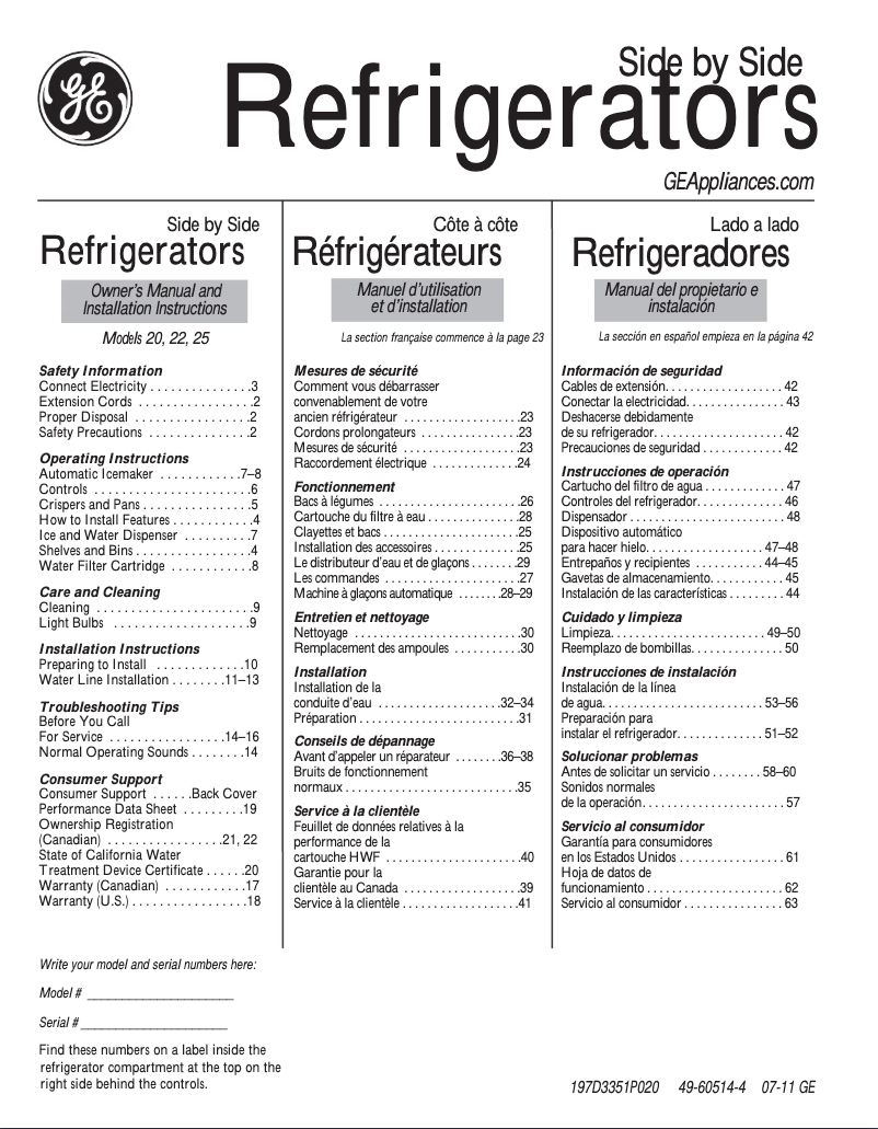Page n°1 - Manuel d'utilisation et d'entretien GE GSH25JSCSS