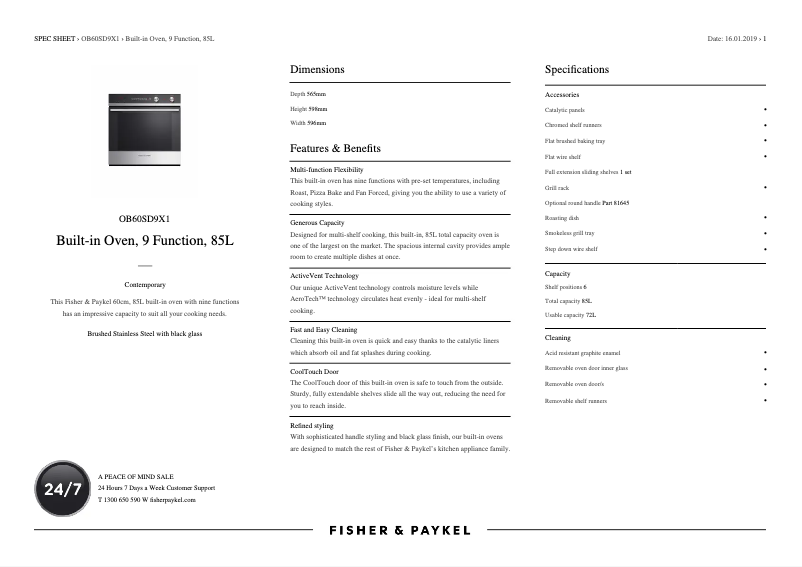 Page 1 de la notice Fiche technique Fisher & Paykel OB60SD9X1