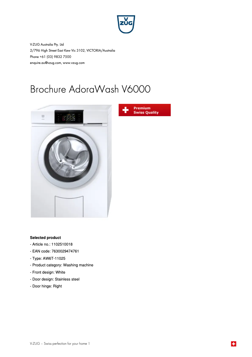 Page 1 de la notice Fiche technique V-Zug AdoraWash V6000