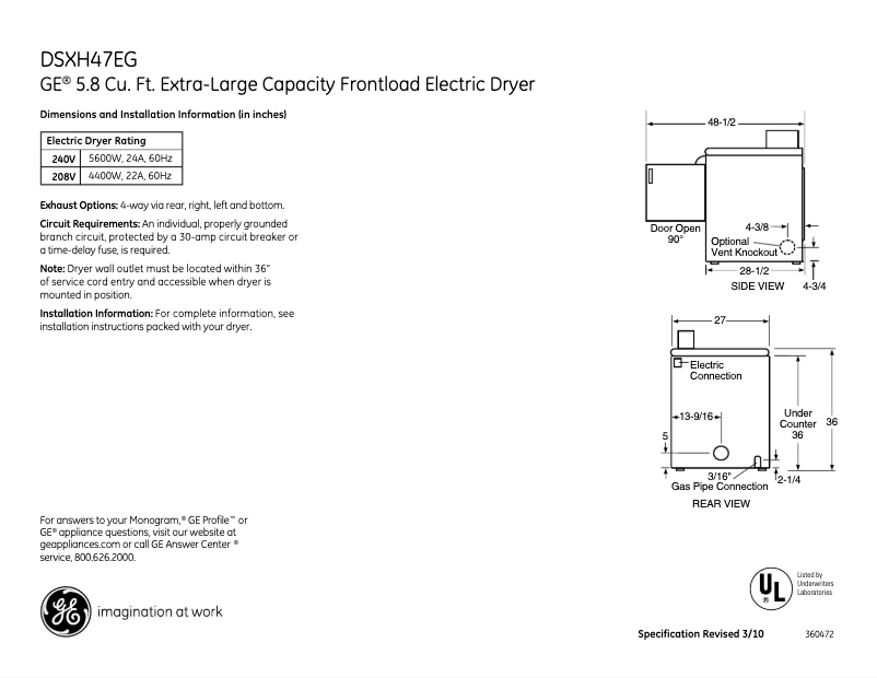Page 1 de la notice Fiche technique GE DSXH47EGWW