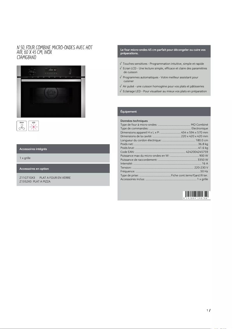 Page n°1 - Fiche technique Neff C1AMG84N0