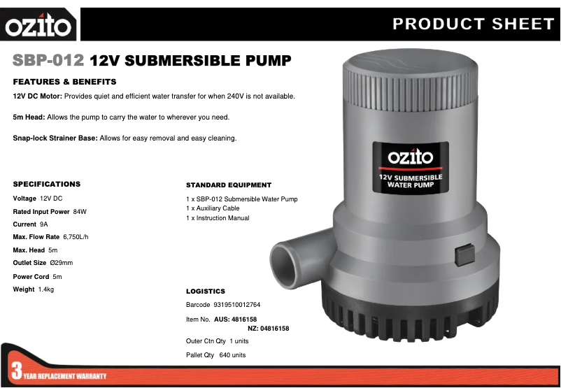 Página 1 del manual Ficha técnica Ozito SBP-0121