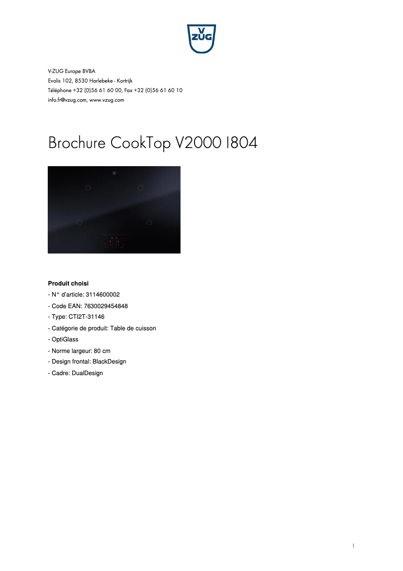 Page 1 of the manual Brochure V-Zug CookTop V2000 I804