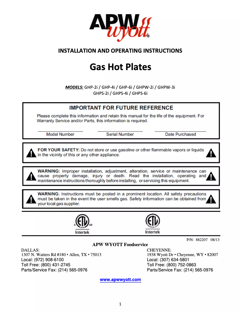 Page 1 de la notice Manuel utilisateur APW Wyott GHPS-6i