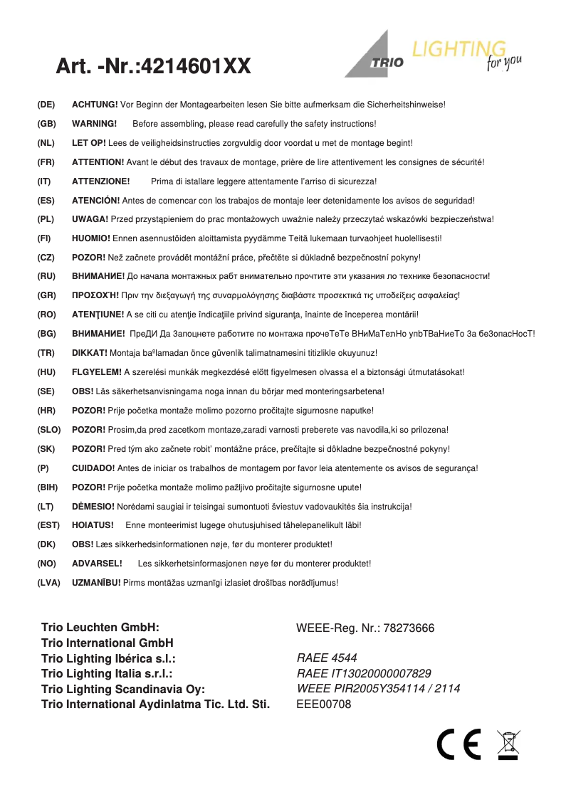 Page 1 de la notice Manuel utilisateur Trio Lighting Kama 421460142