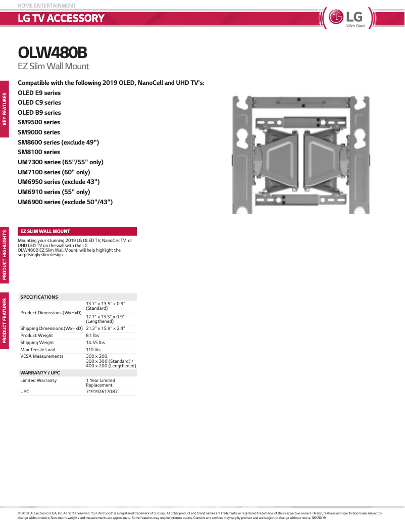Page 1 de la notice Fiche technique LG OLW480B