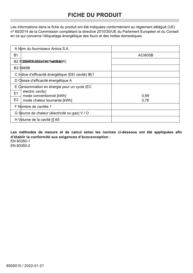 Page n°1 - Fiche technique Amica ACI605B