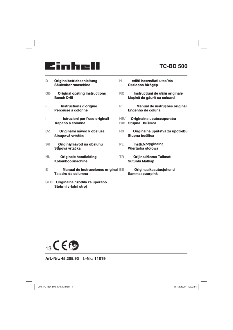 Page 1 de la notice Manuel utilisateur Einhell TC-BD 500
