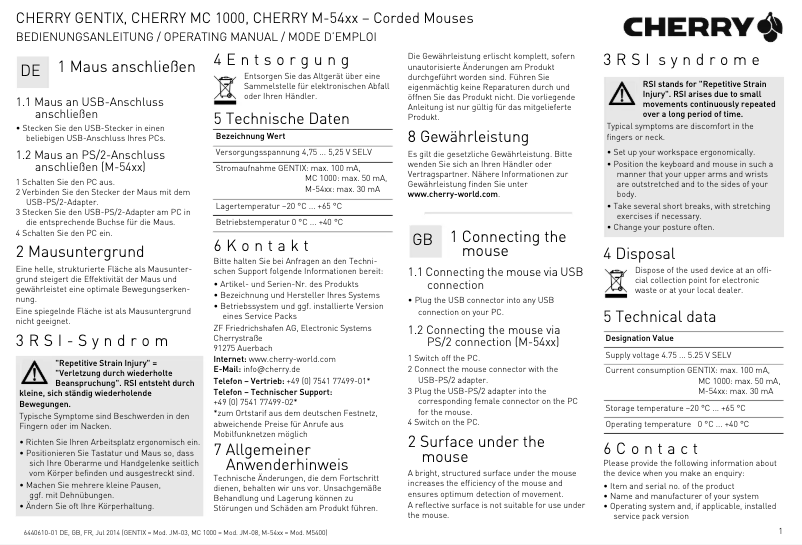 Page 1 de la notice Manuel utilisateur Cherry M-5400-0 mice