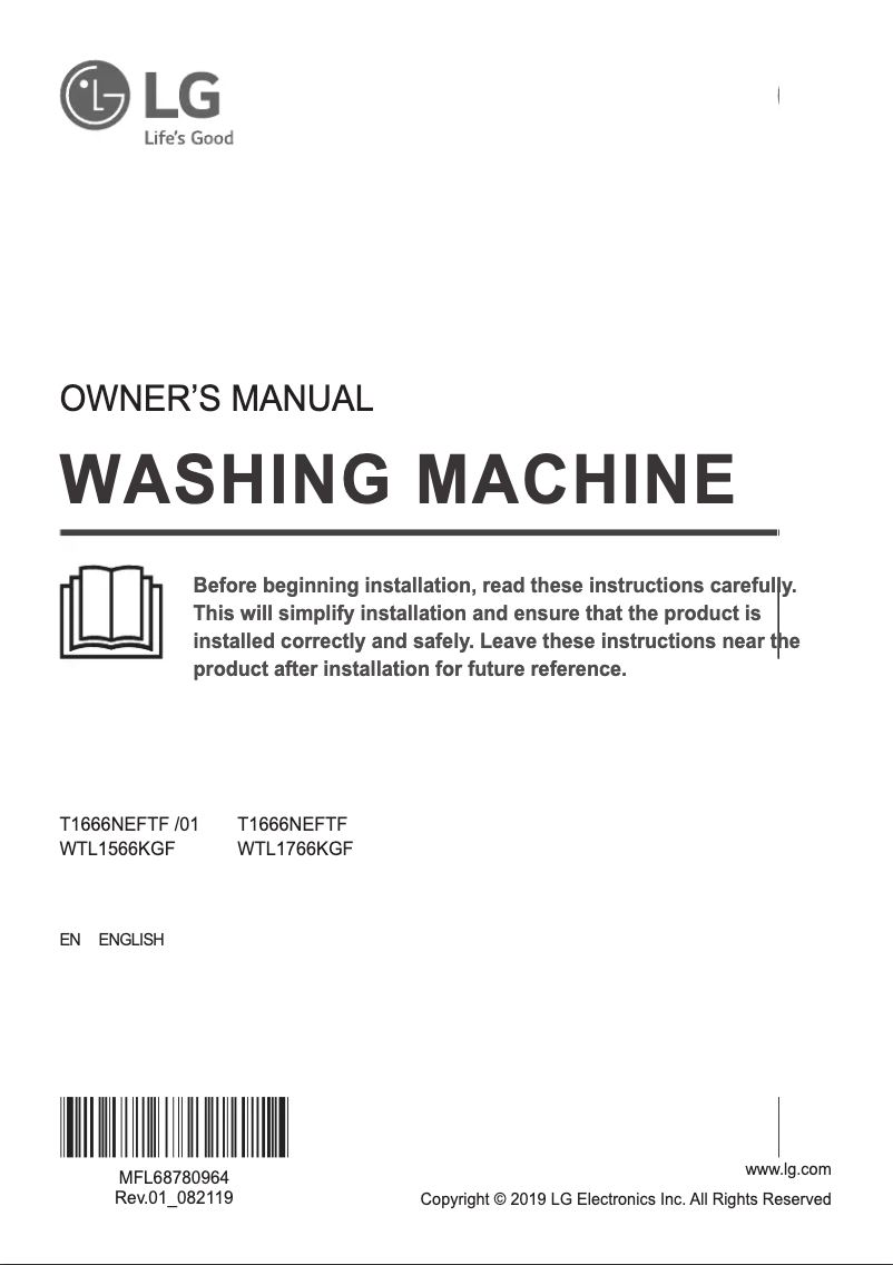 Page 1 de la notice Manuel utilisateur LG WTL1566KGF
